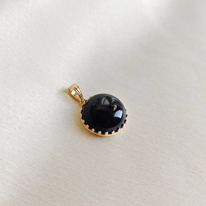 Natural Black Onyx Pendant, 14K Solid Yellow Gold Black Onyx Pendant, December Birthstone Pendant, Crown Bezel Pendant, Round Black Pendant