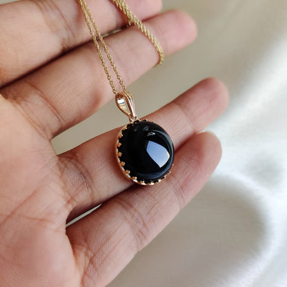 Natural Black Onyx Pendant, 14K Solid Yellow Gold Black Onyx Pendant, December Birthstone Pendant, Crown Bezel Pendant, Round Black Pendant