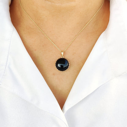 Natural Black Onyx Pendant, 14K Solid Yellow Gold Black Onyx Pendant, December Birthstone Pendant, Crown Bezel Pendant, Round Black Pendant