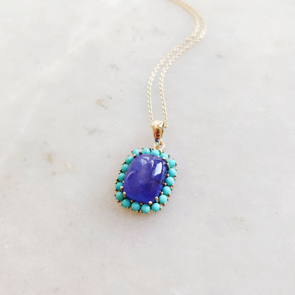 Natural Tanzanite & Turquoise Pendant set in 14K Solid Yellow Gold, December Birthstone Pendant, Dainty Turquoise Pendant, Tanzanite Jewelry