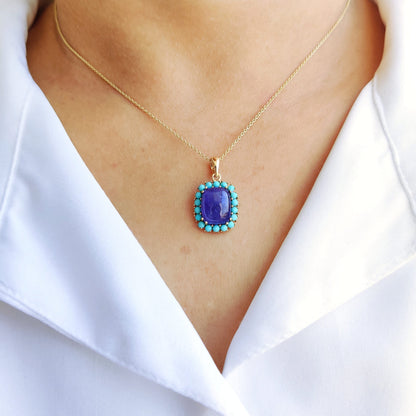 Natural Tanzanite & Turquoise Pendant set in 14K Solid Yellow Gold, December Birthstone Pendant, Dainty Turquoise Pendant, Tanzanite Jewelry