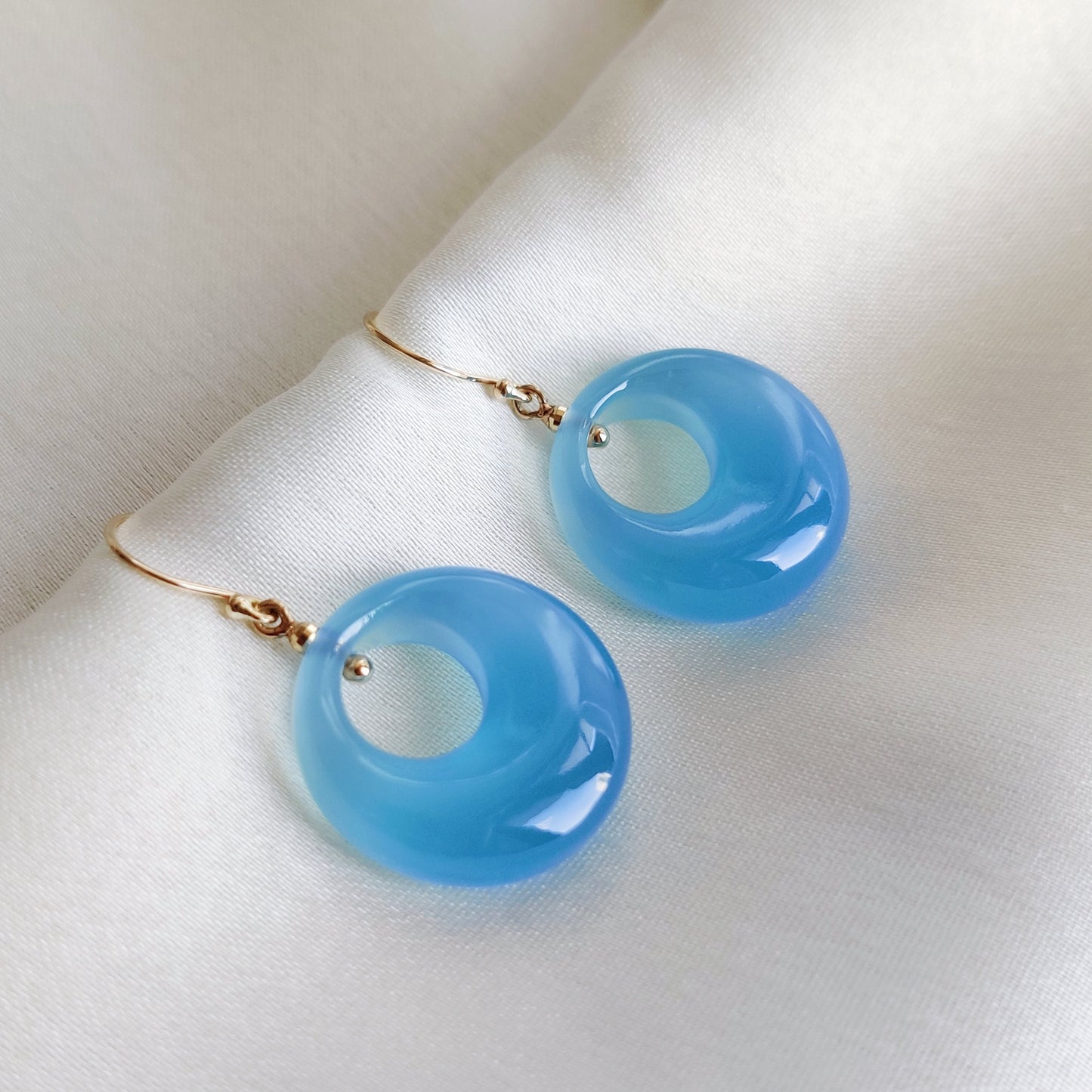 Natural Blue Chalcedony Donut Earrings set in 14K Solid Yellow Gold, March Birthstone Earring, Christmas Earrings, Chalcedony Jewelry