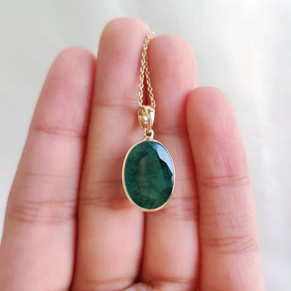 Natural Emerald Pendant, 14K Solid Yellow Gold Emerald Pendant, May Birthstone Pendant, Oval Emerald Bezel Pendant, Christmas Present