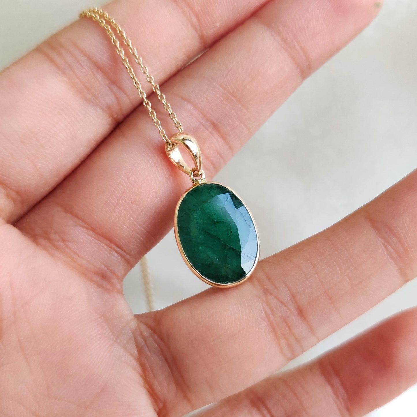 Natural Emerald Pendant, 14K Solid Yellow Gold Emerald Pendant, May Birthstone Pendant, Oval Emerald Bezel Pendant, Christmas Present