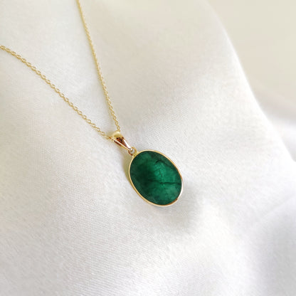 Natural Emerald Pendant, 14K Solid Yellow Gold Emerald Pendant, May Birthstone Pendant, Oval Emerald Bezel Pendant, Christmas Present