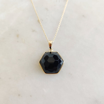 Natural Black Onyx Pendant, 14K Solid Gold Onyx Pendant, Hexagon Pendant, December Birthstone Pendant, Christmas Gift, Black Onyx Jewelry