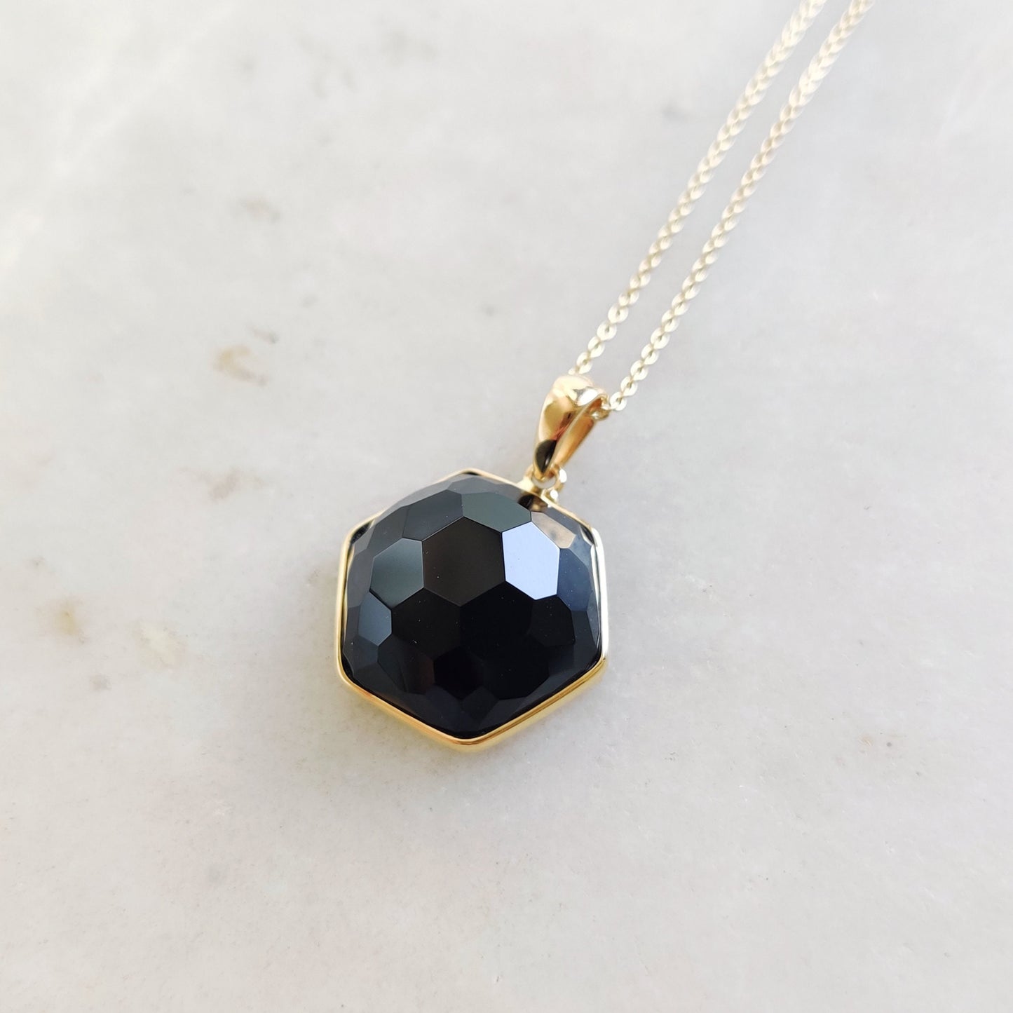 Natural Black Onyx Pendant, 14K Solid Gold Onyx Pendant, Hexagon Pendant, December Birthstone Pendant, Christmas Gift, Black Onyx Jewelry