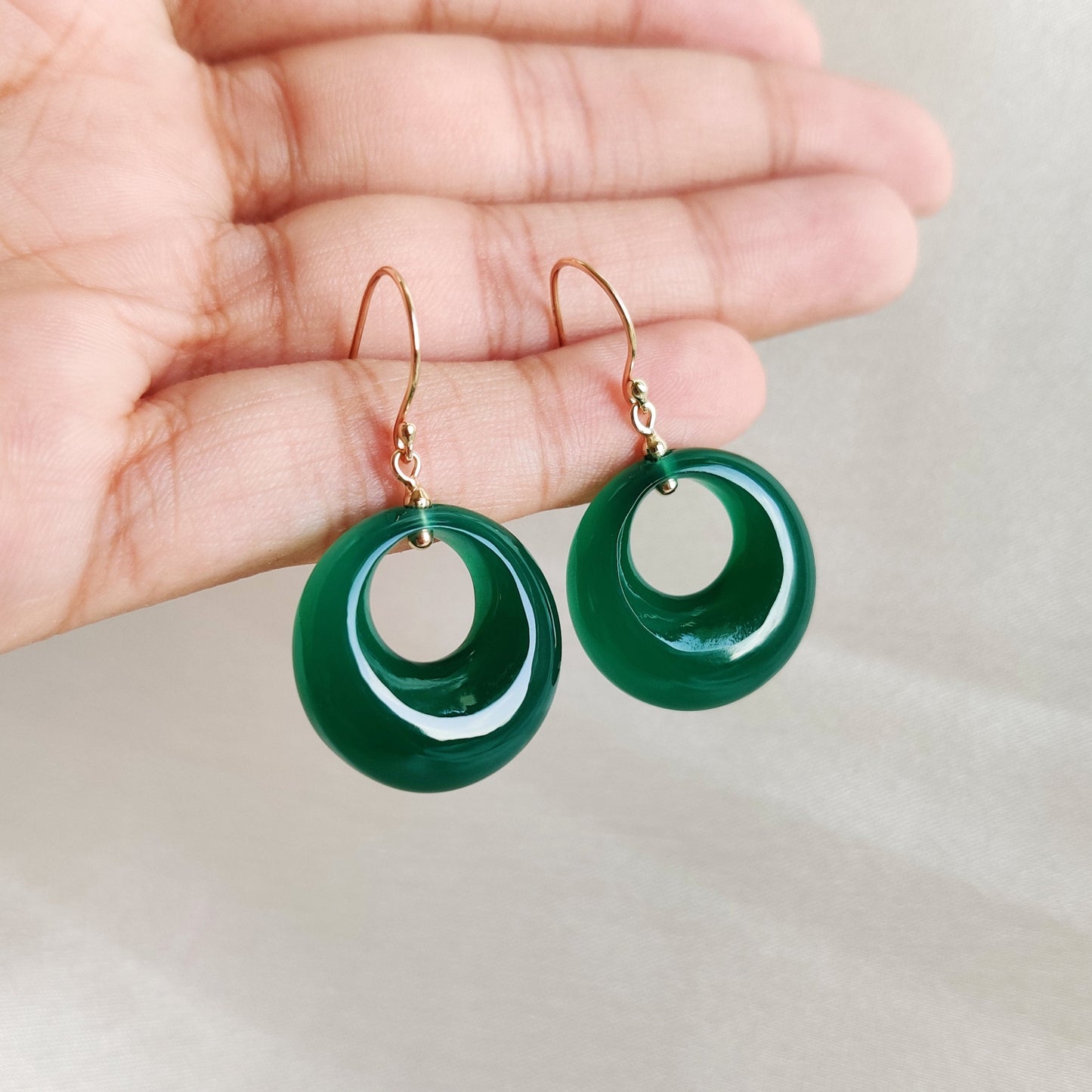 Natural Green Onyx Donut Earrings, 14K Solid Yellow Gold Onyx Earrings, May Birthstone Earring, Christmas Earrings, Green Onyx Jewelry