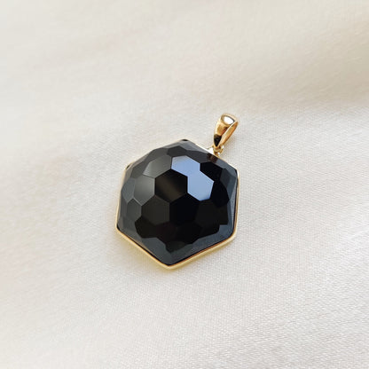 Natural Black Onyx Pendant, 14K Solid Yellow Gold Black Onyx Pendant, Bezel Pendant, December Birthstone, Christmas Gift, Hexagon Pendant