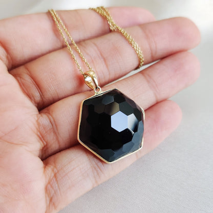 Natural Black Onyx Pendant, 14K Solid Yellow Gold Black Onyx Pendant, Bezel Pendant, December Birthstone, Christmas Gift, Hexagon Pendant