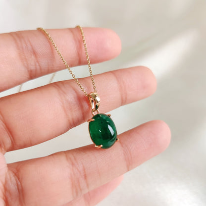 14K Gold Natural Emerald Pendant, Solid Yellow Gold Emerald Pendant, May Birthstone Pendant, Oval Zambian Emerald Pendant, Christmas Present