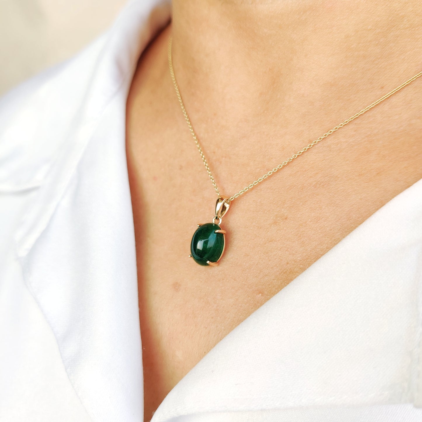 14K Gold Natural Emerald Pendant, Solid Yellow Gold Emerald Pendant, May Birthstone Pendant, Oval Zambian Emerald Pendant, Christmas Present