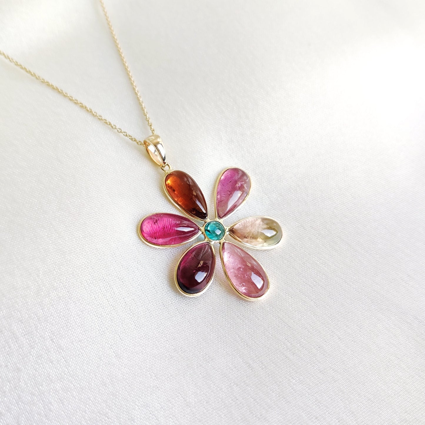 Natural Multi Tourmaline Pendant, 14K Solid Yellow Gold Pendant, October Birthstone Pendant, Dainty Flower Pendant, Tourmaline Jewelry