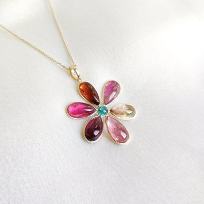 Natural Multi Tourmaline Pendant, 14K Solid Yellow Gold Pendant, October Birthstone Pendant, Dainty Flower Pendant, Tourmaline Jewelry