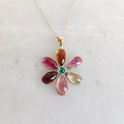 Natural Multi Tourmaline Pendant, 14K Solid Yellow Gold Pendant, October Birthstone Pendant, Dainty Flower Pendant, Tourmaline Jewelry