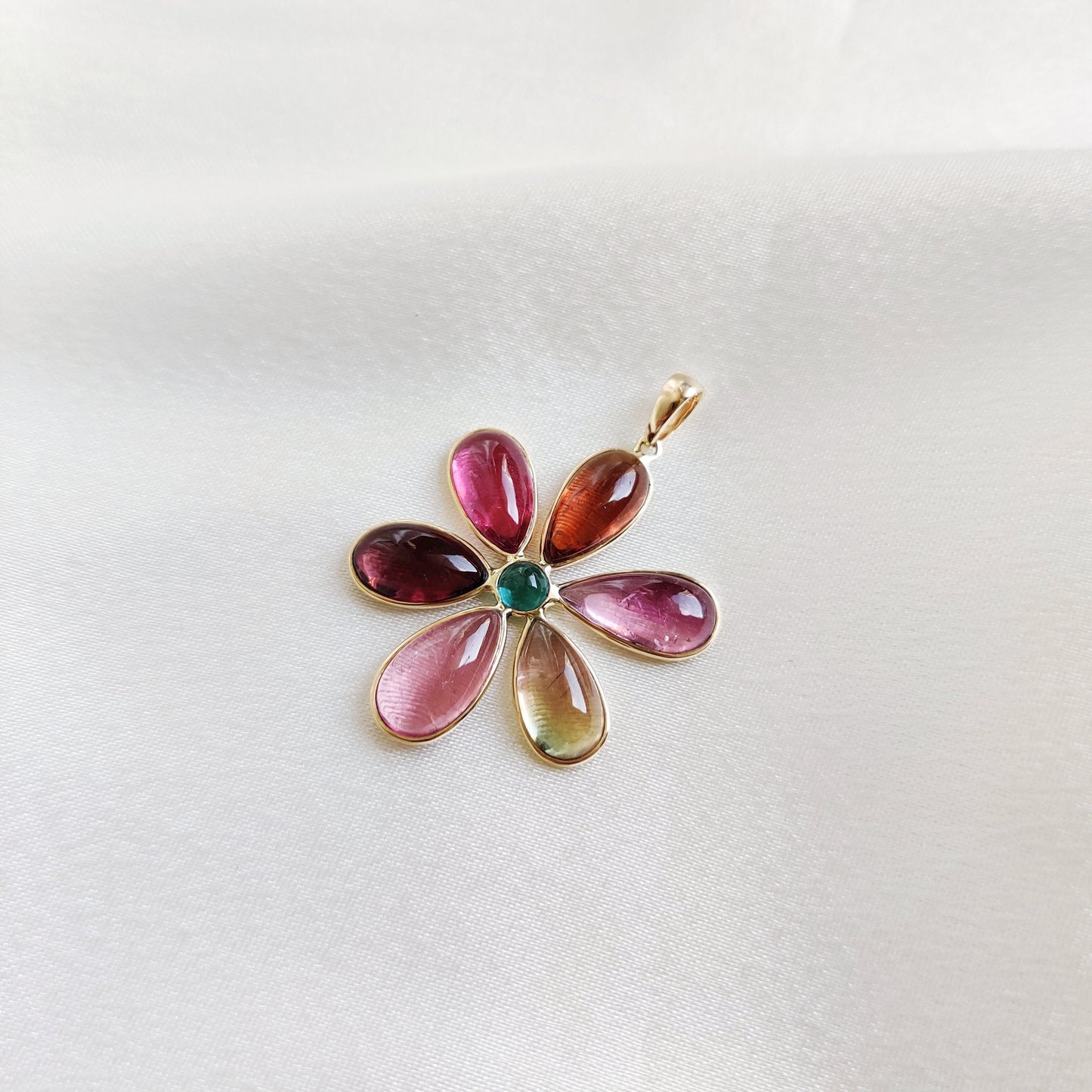 Natural Multi Tourmaline Pendant, 14K Solid Yellow Gold Pendant, October Birthstone Pendant, Dainty Flower Pendant, Tourmaline Jewelry