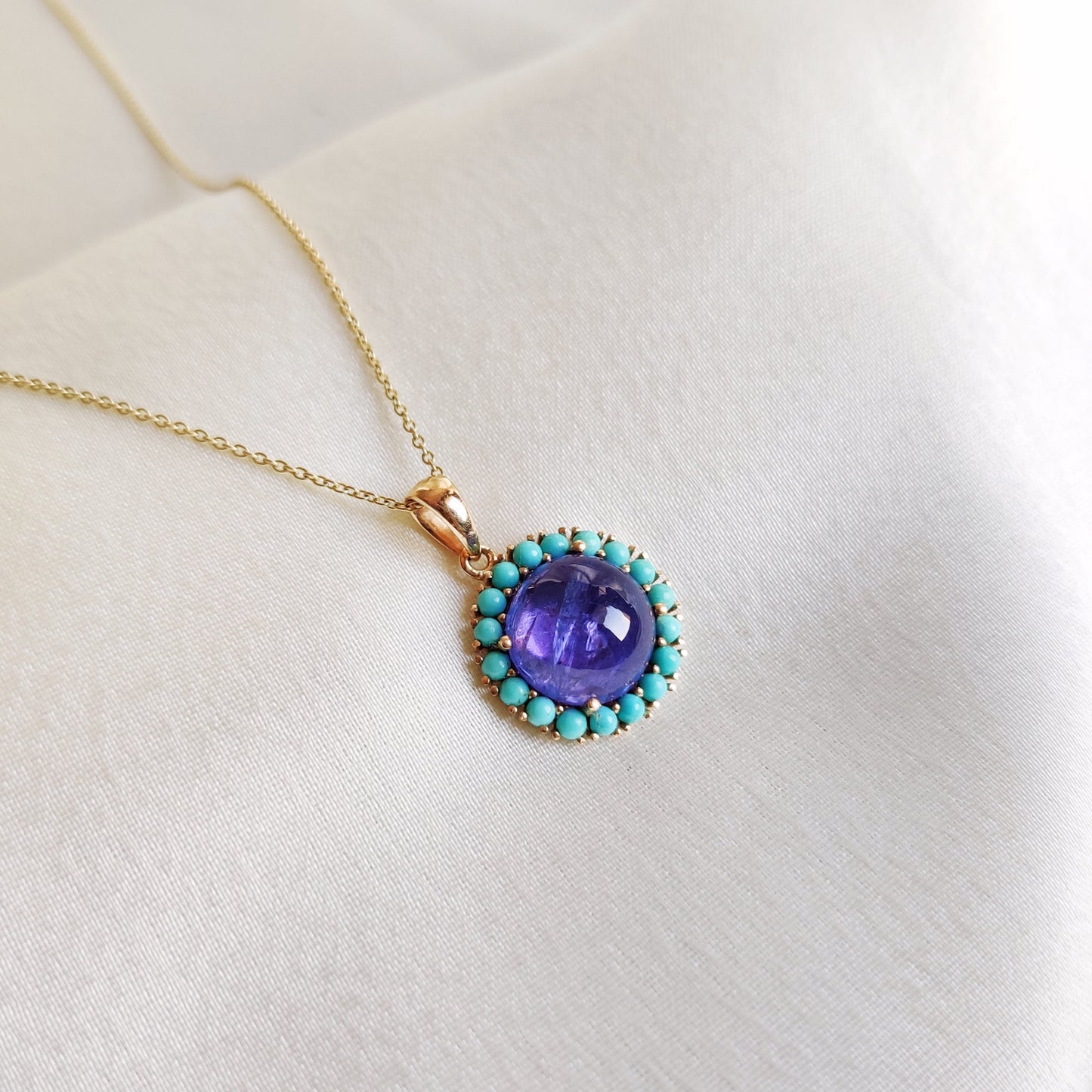 Natural Tanzanite & Turquoise Pendant set in 14K Solid Yellow Gold, December Birthstone Pendant, Dainty Turquoise Pendant, Tanzanite Jewelry