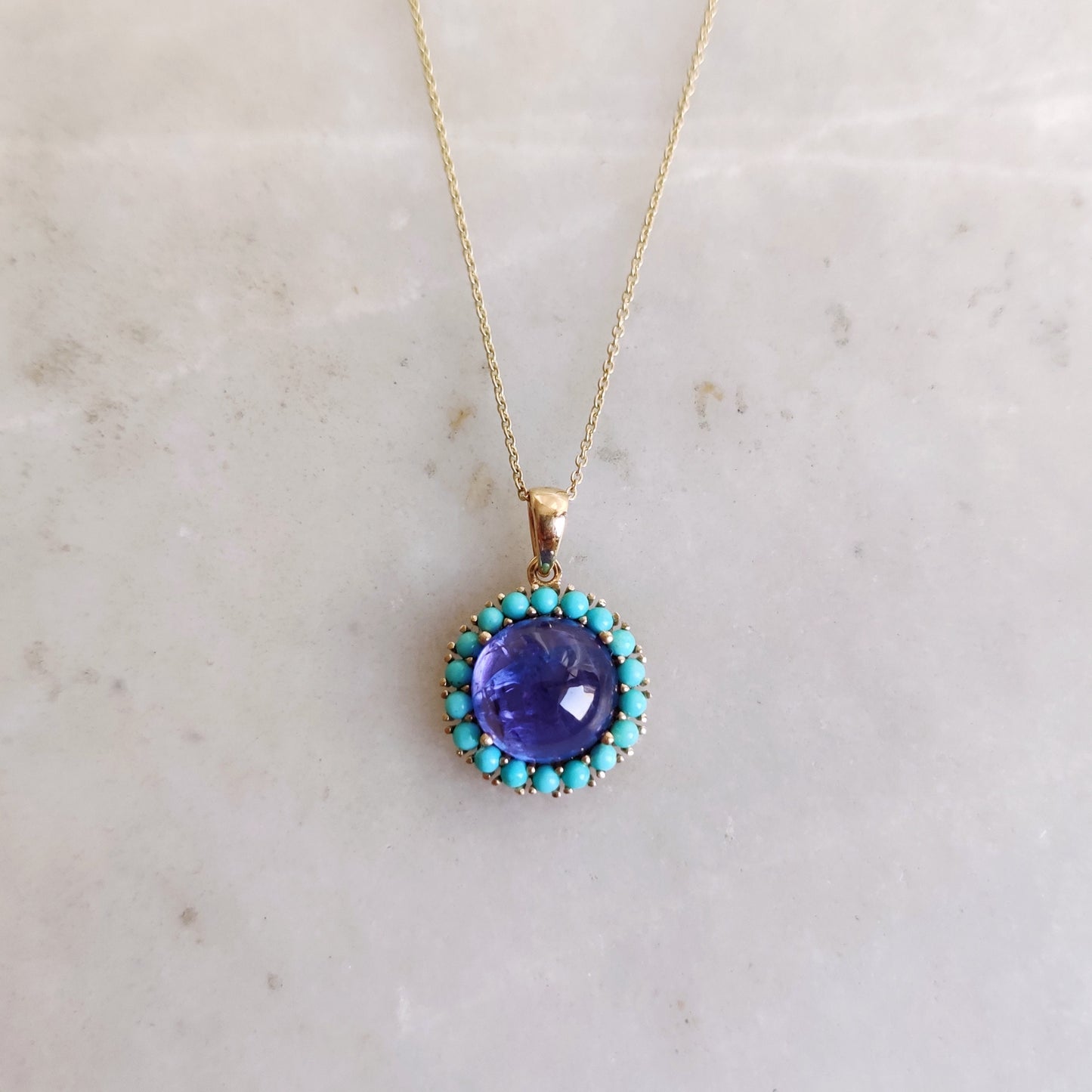 Natural Tanzanite & Turquoise Pendant set in 14K Solid Yellow Gold, December Birthstone Pendant, Dainty Turquoise Pendant, Tanzanite Jewelry