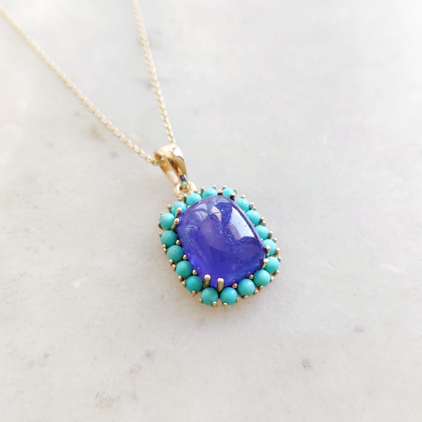 Natural Tanzanite & Turquoise Pendant set in 14K Solid Yellow Gold, December Birthstone Pendant, Dainty Turquoise Pendant, Tanzanite Jewelry