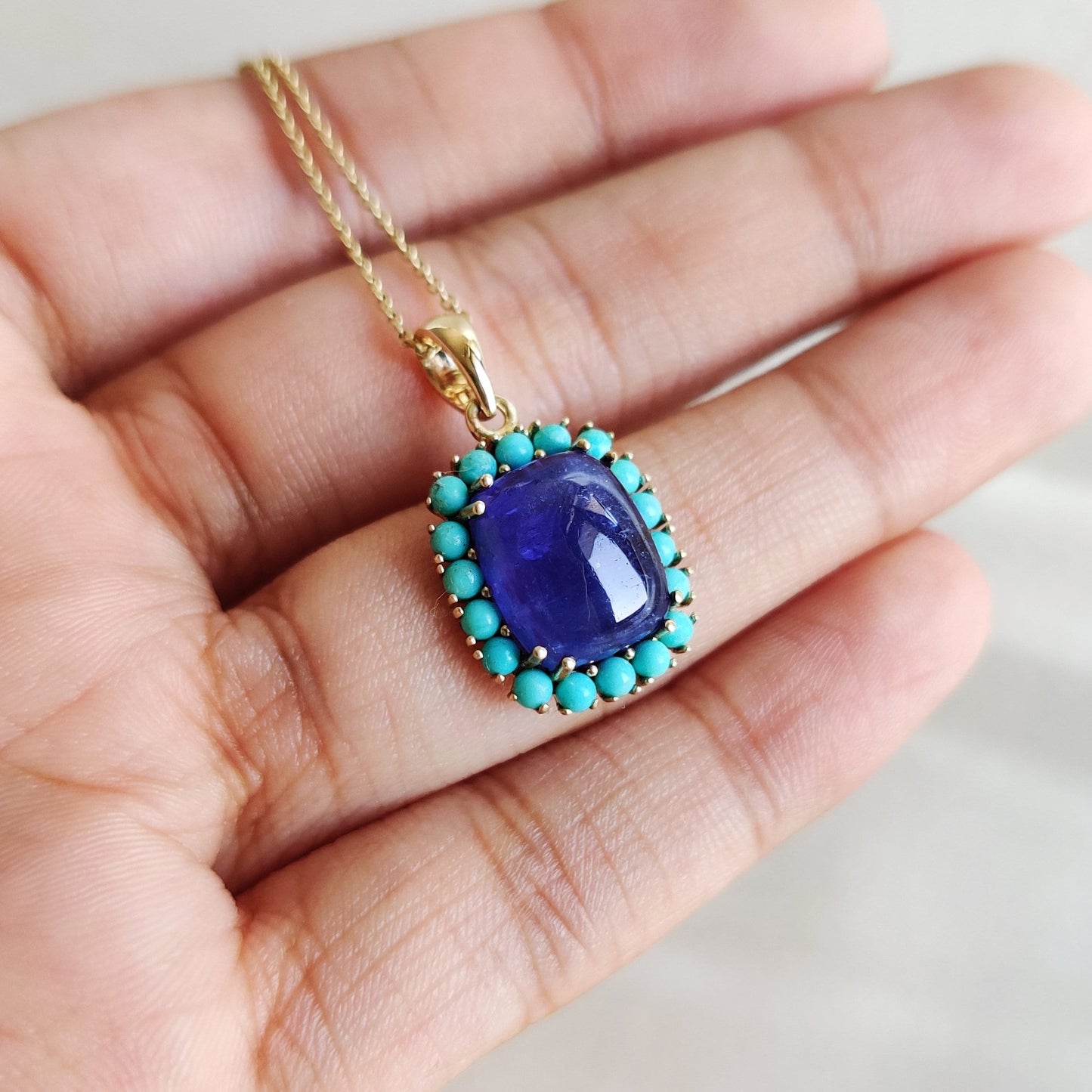 Natural Tanzanite & Turquoise Pendant set in 14K Solid Yellow Gold, December Birthstone Pendant, Dainty Turquoise Pendant, Tanzanite Jewelry