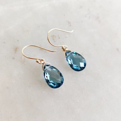 Natural London Blue Topaz Earrings, Solid Yellow Gold Drop Earrings, Pear Briolette Topaz Earrings, December Birthstone, Blue Topaz Jewelry