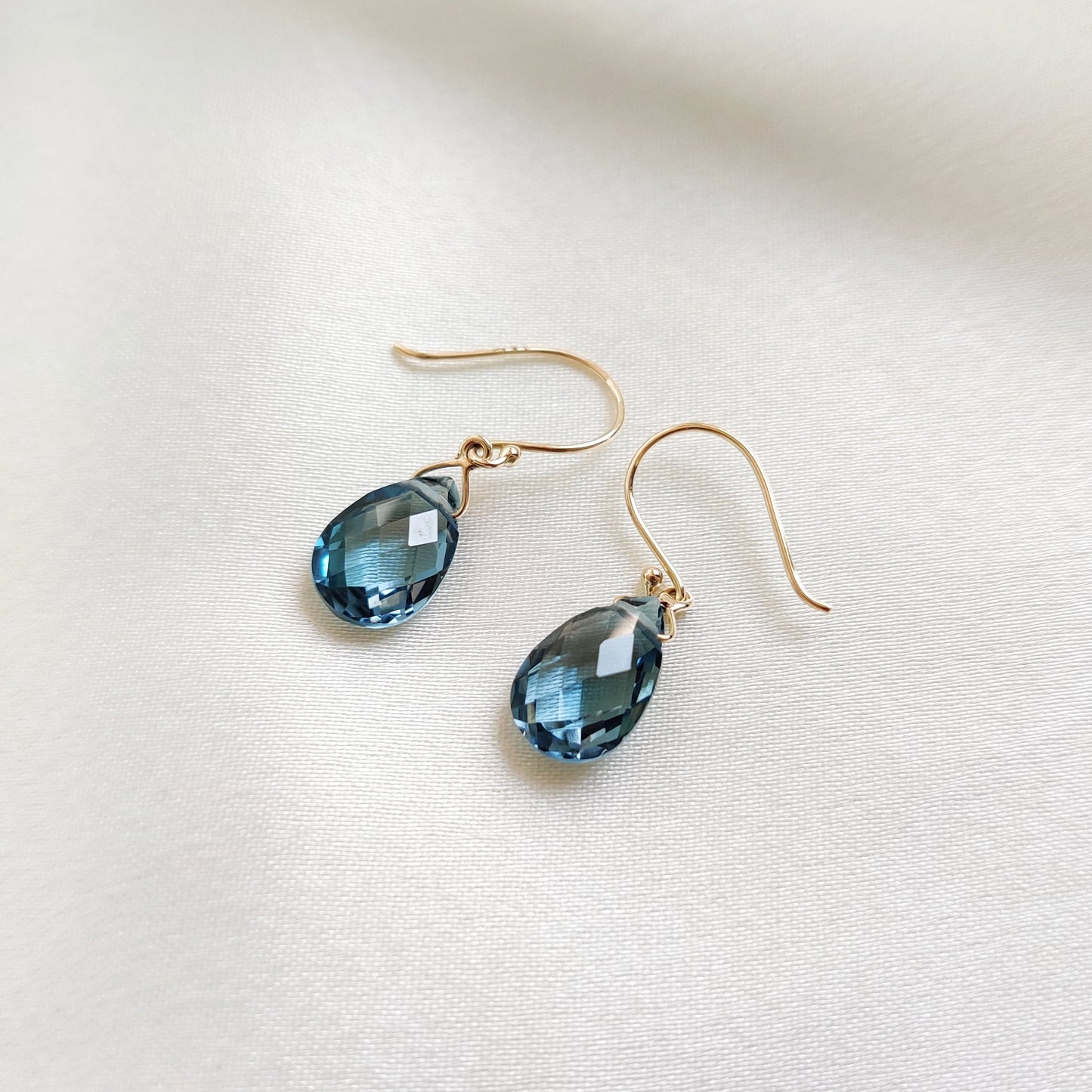 Natural London Blue Topaz Earrings, Solid Yellow Gold Drop Earrings, Pear Briolette Topaz Earrings, December Birthstone, Blue Topaz Jewelry