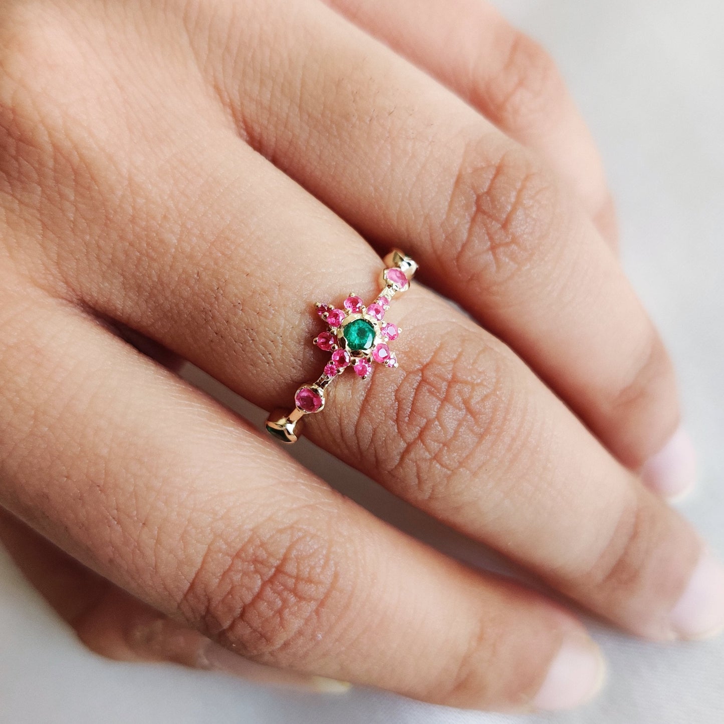 Natural Ruby & Emerald Ring, 14K Solid Yellow Gold Ruby and Emerald Ring, Dainty Ruby Emerald Ring, May July Birthstone, Christmas Present