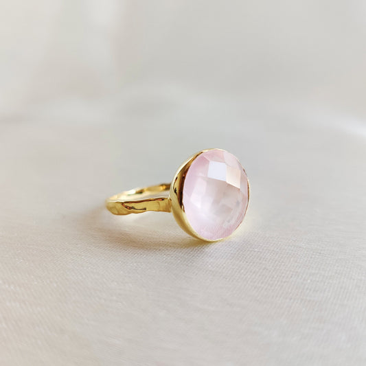 Anillo de cuarzo rosa natural, anillo de cuarzo rosa de oro amarillo macizo de 14 quilates, anillo con piedra natal de enero, regalo de San Valentín, joyería de cuarzo rosa