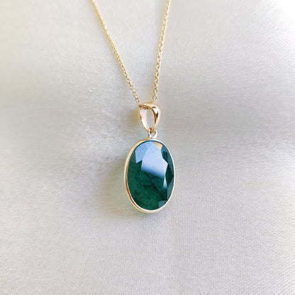 Natural Emerald Pendant, 14K Solid Yellow Gold Emerald Pendant, May Birthstone Pendant, Oval Emerald Bezel Pendant, Christmas Present