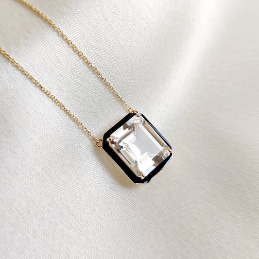 14K Gold Natural White Topaz Necklace, White Topaz & Black Enamel Pendant, Solid Gold Pendant, April Birthstone Pendant, Christmas Present