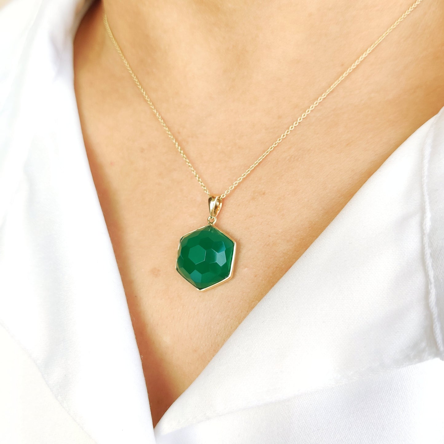 Natural Green Onyx Pendant, 14K Solid Yellow Gold Onyx Pendant, May Birthstone Pendant, Green Onyx Jewelry, Christmas Pendant