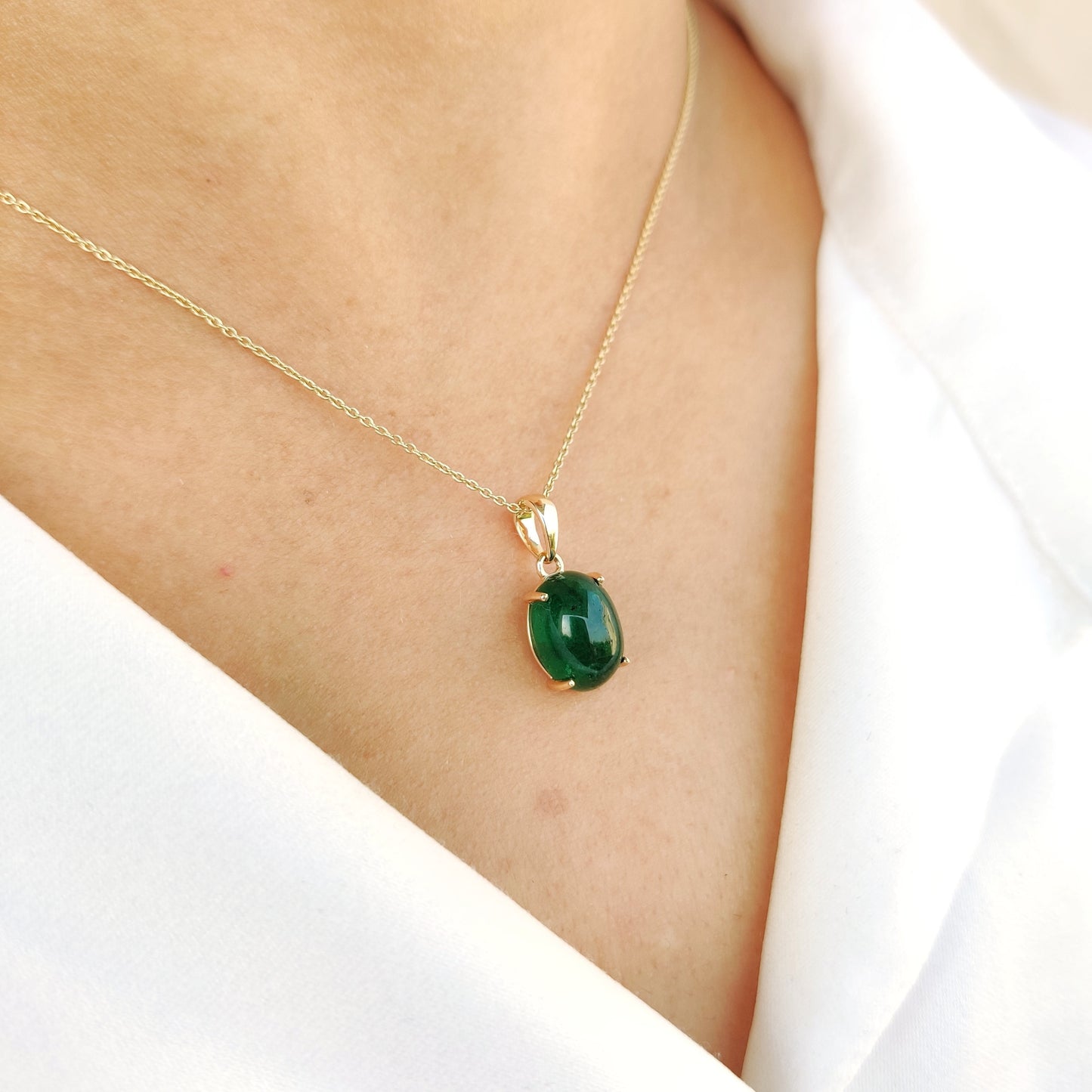 14K Gold Natural Emerald Pendant, Solid Yellow Gold Emerald Pendant, May Birthstone Pendant, Oval Zambian Emerald Pendant, Christmas Present