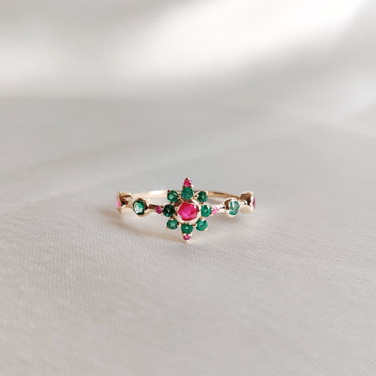 Natural Emerald & Ruby Ring, Statement Ring Set in 14K Solid Yellow Gold, Emerald and Ruby Ring, May July Birthstone Ring, Emerald Jewelry