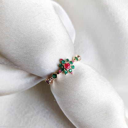 Natural Emerald & Ruby Ring, Statement Ring Set in 14K Solid Yellow Gold, Emerald and Ruby Ring, May July Birthstone Ring, Emerald Jewelry