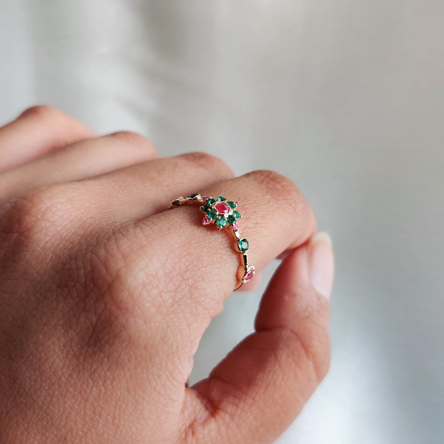 Natural Emerald & Ruby Ring, Statement Ring Set in 14K Solid Yellow Gold, Emerald and Ruby Ring, May July Birthstone Ring, Emerald Jewelry