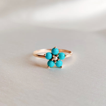 Natural Turquoise & Pearl Ring, 14K Solid Yellow Gold Ring, Dainty Arizona Turquoise Ring, December Birthstone Ring, Christmas Present