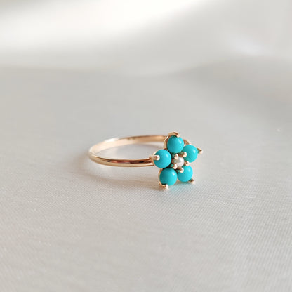 Natural Turquoise & Pearl Ring, 14K Solid Yellow Gold Ring, Dainty Arizona Turquoise Ring, December Birthstone Ring, Christmas Present