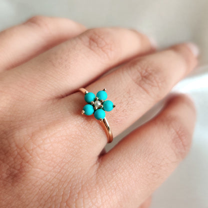 Natural Turquoise & Pearl Ring, 14K Solid Yellow Gold Ring, Dainty Arizona Turquoise Ring, December Birthstone Ring, Christmas Present