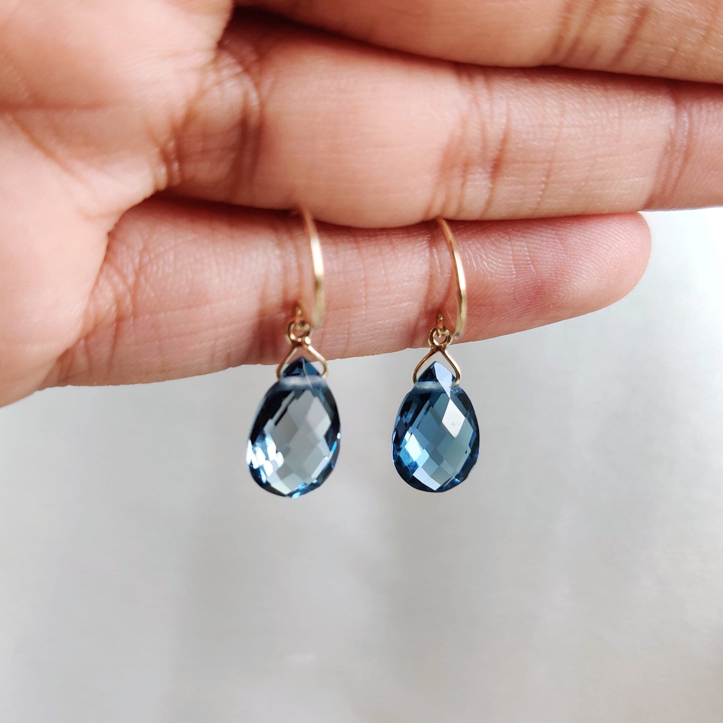 Natural London Blue Topaz Earrings, Solid Yellow Gold Drop Earrings, Pear Briolette Topaz Earrings, December Birthstone, Blue Topaz Jewelry