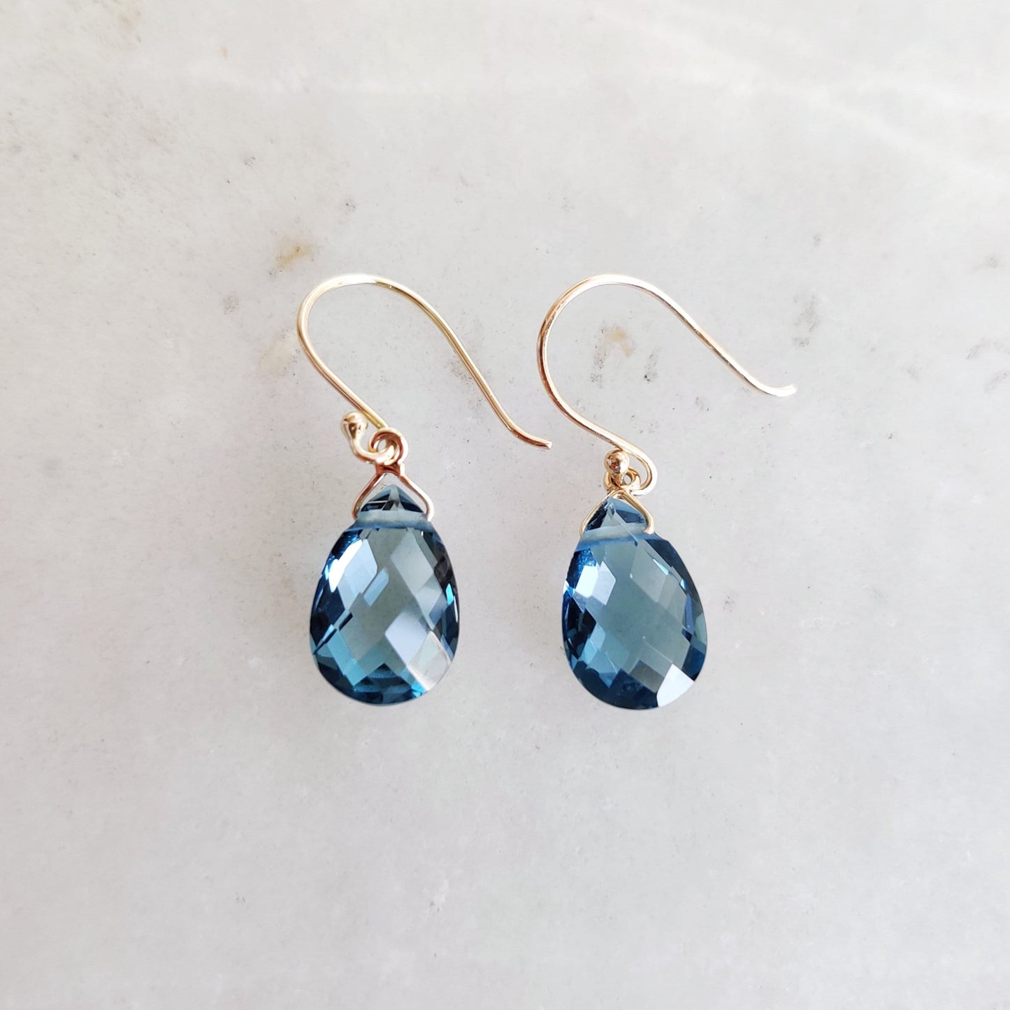 Natural London Blue Topaz Earrings, Solid Yellow Gold Drop Earrings, Pear Briolette Topaz Earrings, December Birthstone, Blue Topaz Jewelry