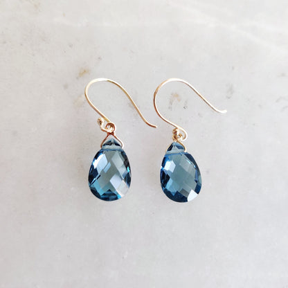 Natural London Blue Topaz Earrings, Solid Yellow Gold Drop Earrings, Pear Briolette Topaz Earrings, December Birthstone, Blue Topaz Jewelry