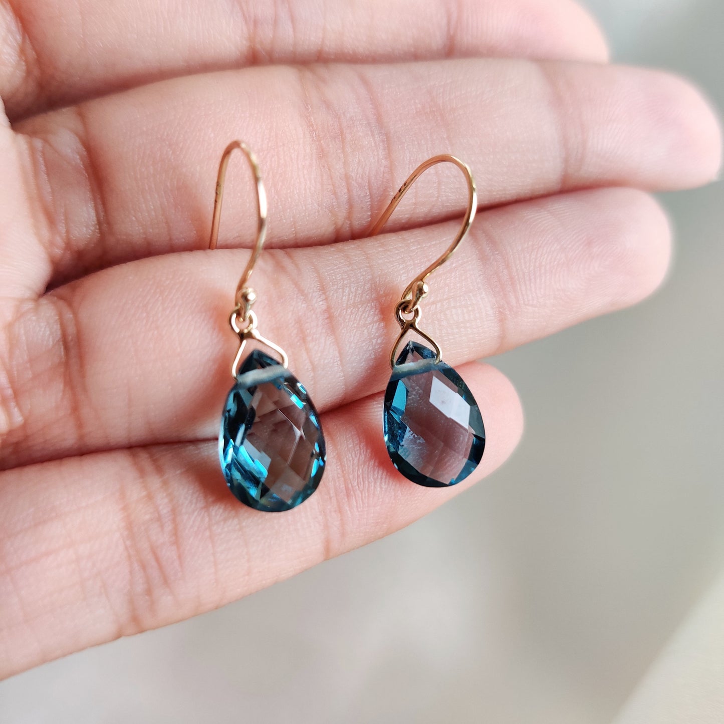 Natural London Blue Topaz Earrings, Solid Yellow Gold Drop Earrings, Pear Briolette Topaz Earrings, December Birthstone, Blue Topaz Jewelry