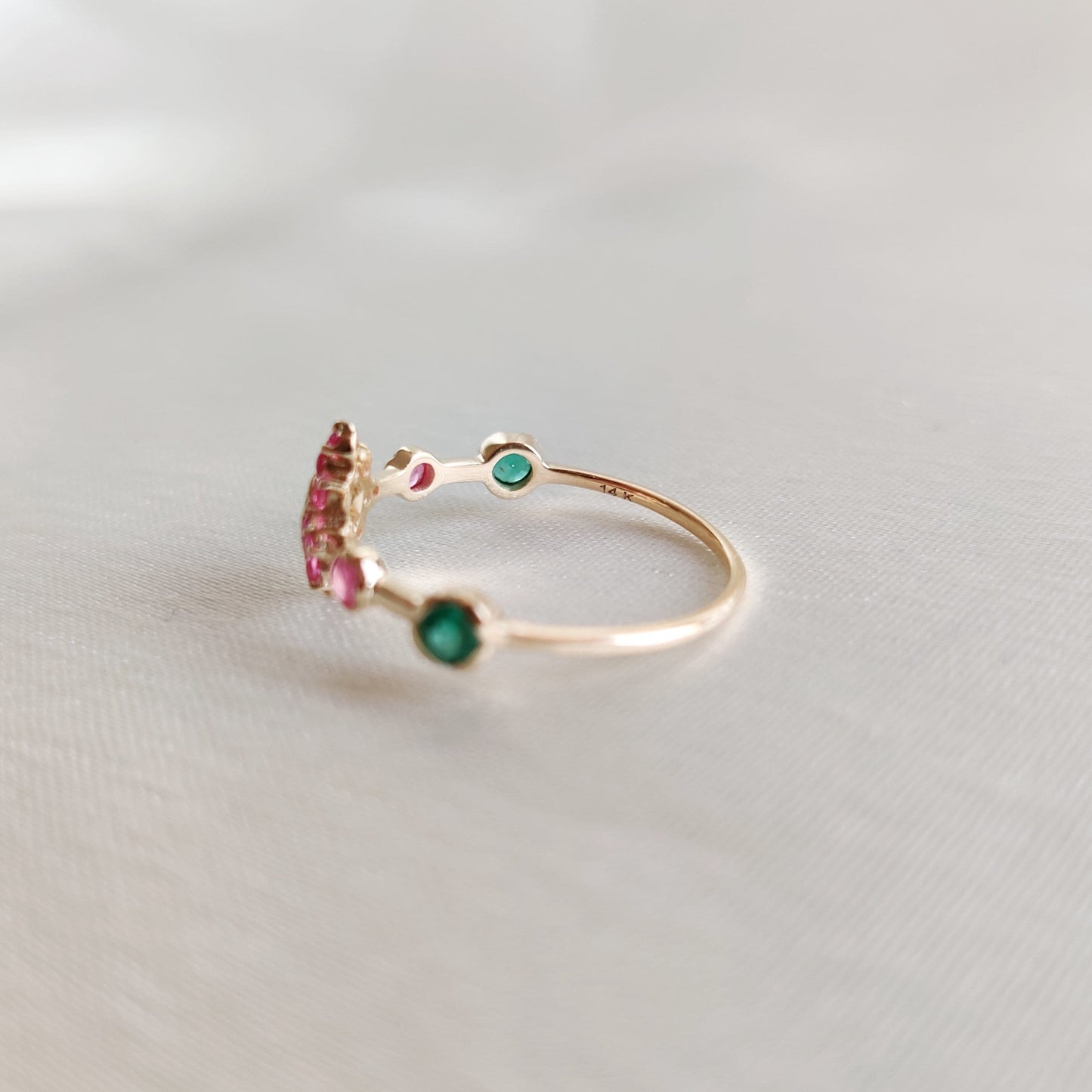 Natural Ruby & Emerald Ring, 14K Solid Yellow Gold Ruby and Emerald Ring, Dainty Ruby Emerald Ring, May July Birthstone, Christmas Present