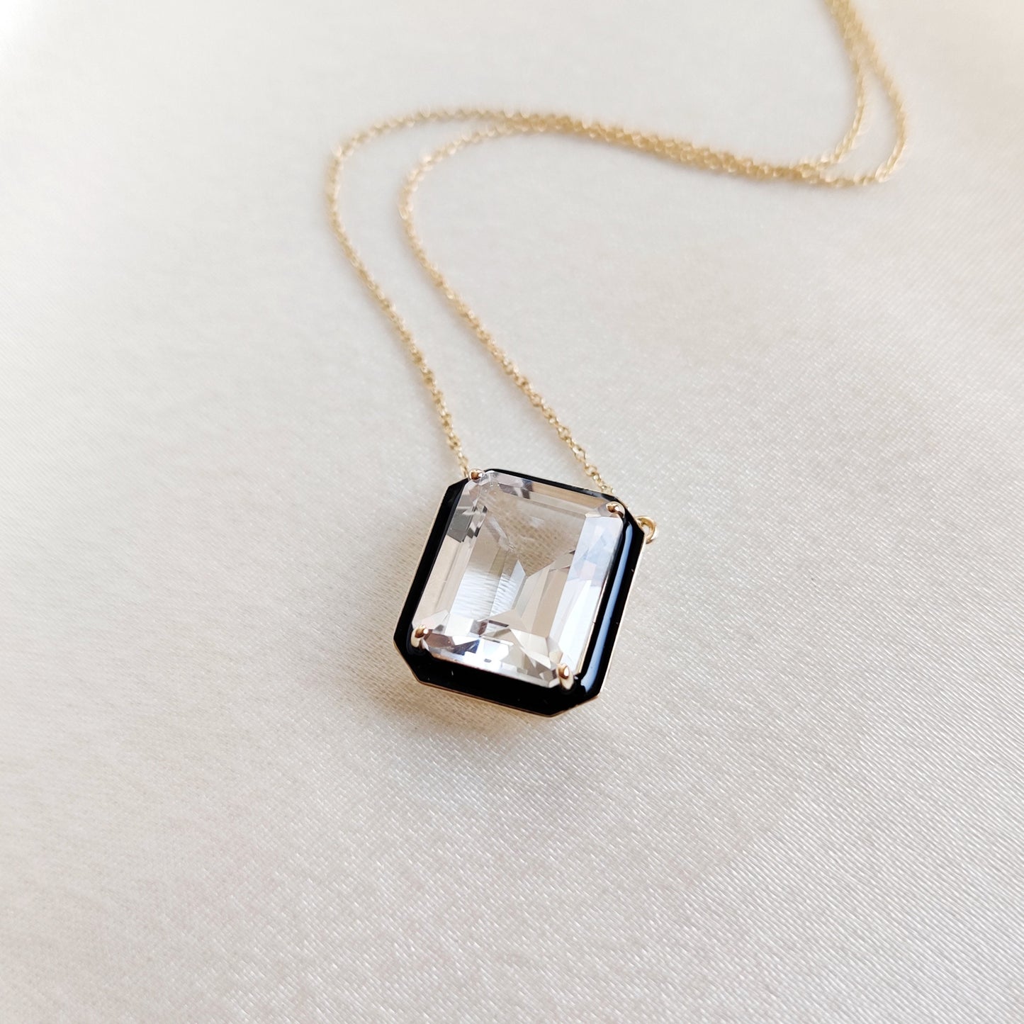 14K Gold Natural White Topaz Necklace, White Topaz & Black Enamel Pendant, Solid Gold Pendant, April Birthstone Pendant, Christmas Present