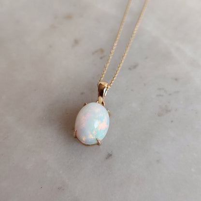 Natural Ethiopion White Opal Pendant, 14K Solid Yellow Gold Opal Pendant, October Birthstone Pendant, Iridescent Opal Pendant,Christmas Gift