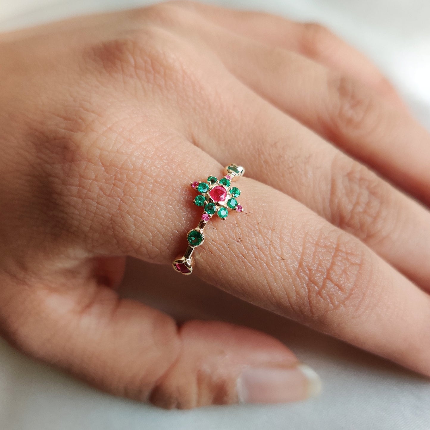 Natural Emerald & Ruby Ring, Statement Ring Set in 14K Solid Yellow Gold, Emerald and Ruby Ring, May July Birthstone Ring, Emerald Jewelry