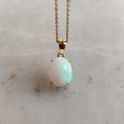 Natural Ethiopion White Opal Pendant, 14K Solid Yellow Gold Opal Pendant, October Birthstone Pendant, Iridescent Opal Pendant,Christmas Gift