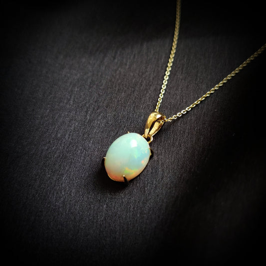 Natural Ethiopion White Opal Pendant, 14K Solid Yellow Gold Opal Pendant, October Birthstone Pendant, Iridescent Opal Pendant,Christmas Gift