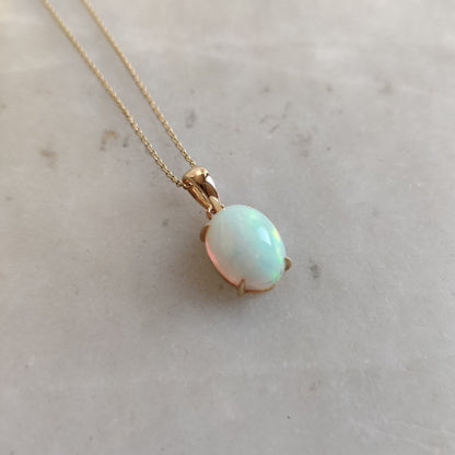 Natural Ethiopion White Opal Pendant, 14K Solid Yellow Gold Opal Pendant, October Birthstone Pendant, Iridescent Opal Pendant,Christmas Gift