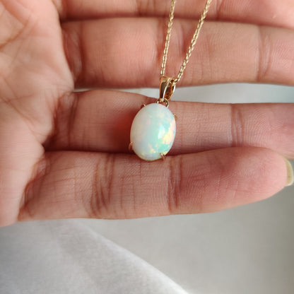 Natural Ethiopion White Opal Pendant, 14K Solid Yellow Gold Opal Pendant, October Birthstone Pendant, Iridescent Opal Pendant,Christmas Gift